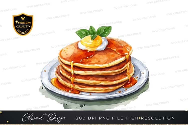 Delicious stack of pancakes with maple syrup and lemon