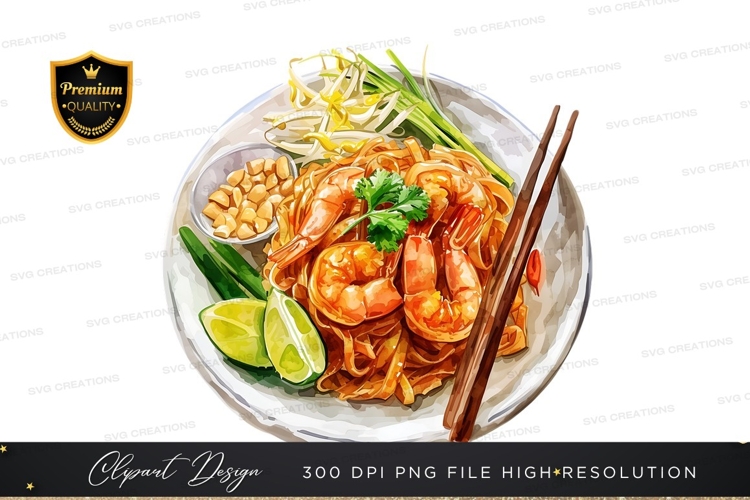 Delicious pad thai with prawns