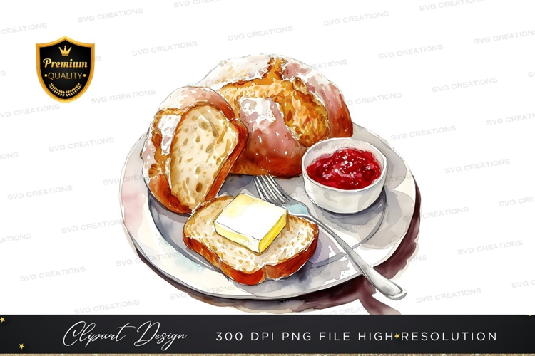 Delicious breakfast bread with butter and jam