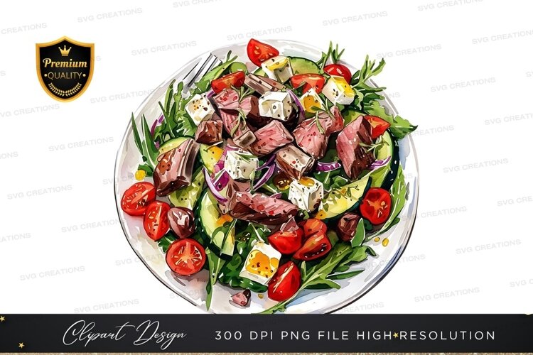 Fresh salad with grilled meat and feta cheese example image 1