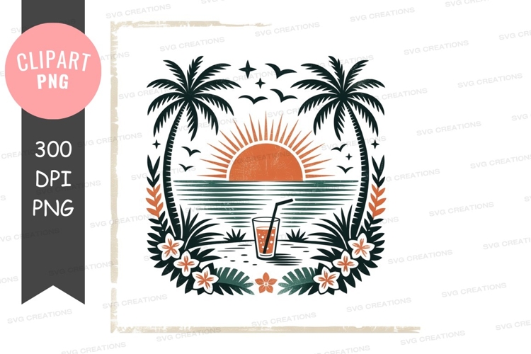 Tropical sunset with cocktail