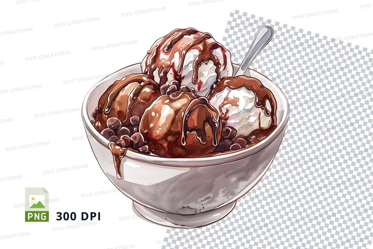 Ice cream scoops with chocolate sauce clipart png