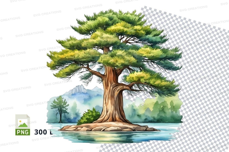 Watercolor tree on small island mockup