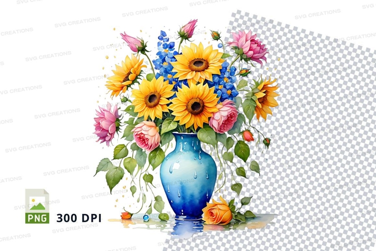 Floral bouquet in blue vase clipart png