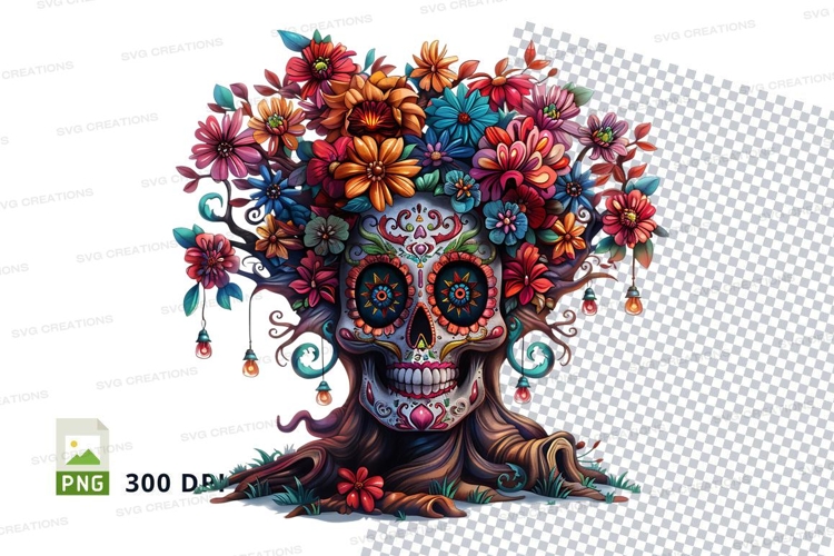 Colorful sugar skull with flowers clipart png