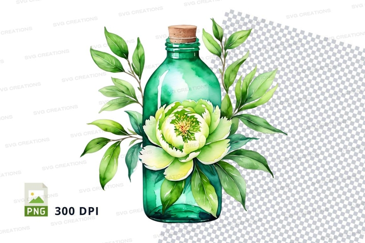 Green glass bottle with floral design mockup