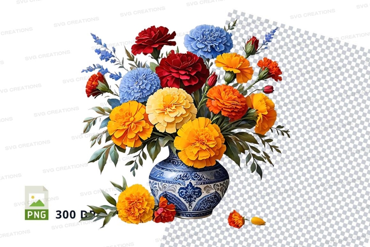 Vintage floral bouquet in blue vase clipart png