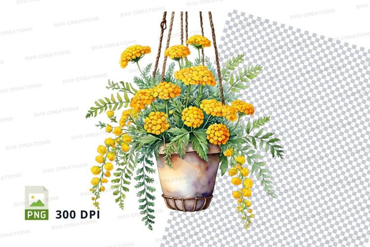 Hanging pot with yellow flowers mockup