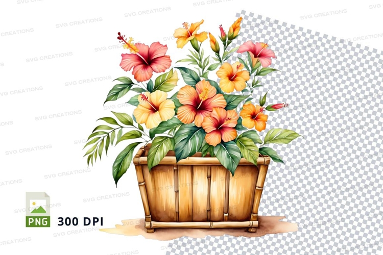 Watercolor hibiscus flowers in basket clipart png