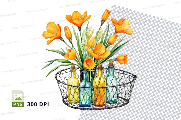 Watercolor orange tulips in blue vases clipart png