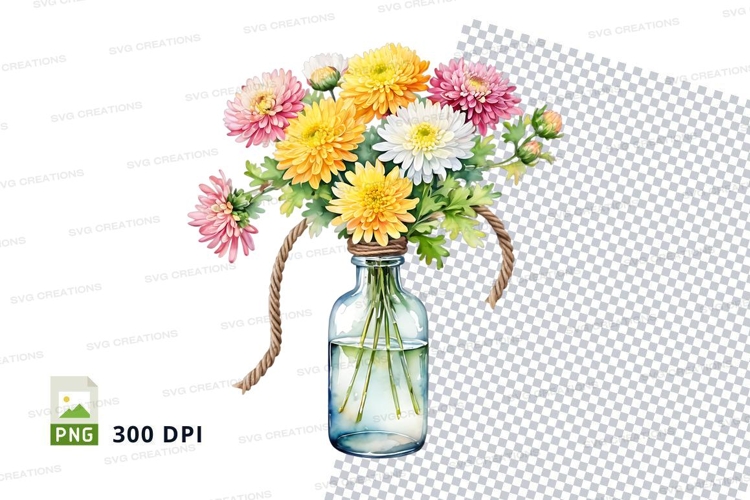 Watercolor flower bouquet in blue mason jar
