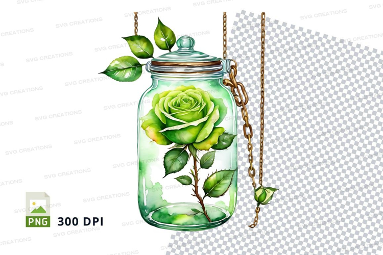 Green rose in glass jar mockup