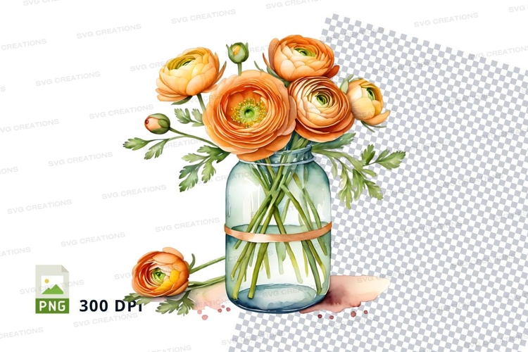 Watercolor floral bouquet in glass jar clipart png