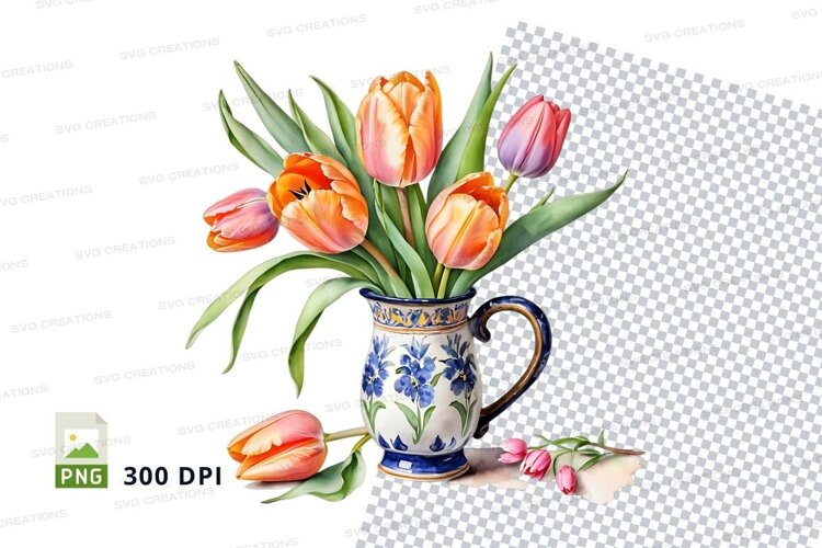 Watercolor tulip bouquet in decorative mug example image 1