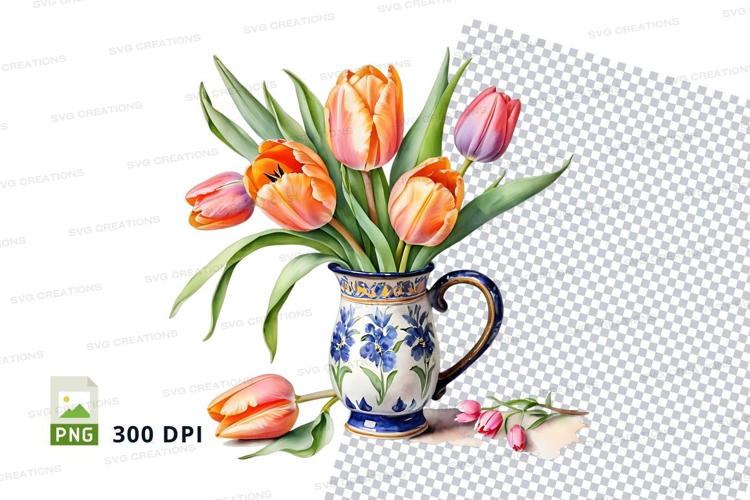 Watercolor tulip bouquet in decorative mug