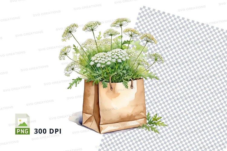 Brown paper bag mockup with white flowers