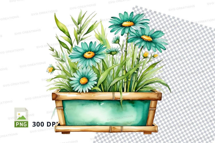 Watercolor blue daisy flowers in wooden box clipart png