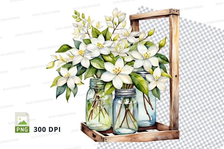 Watercolor flowers in mason jars on wooden tray clipart