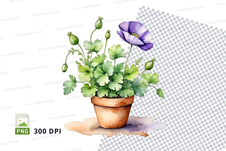 Watercolor flower pot with purple flower clipart png