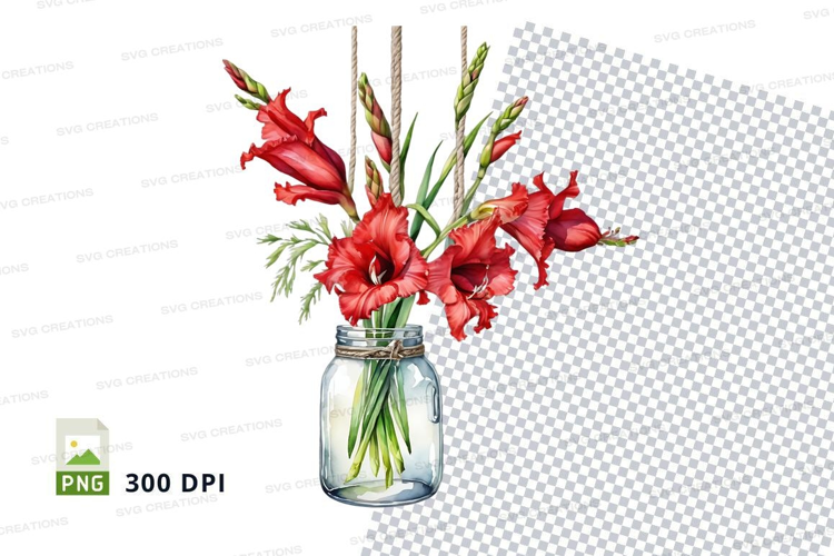 Red gladiolus flowers in a glass jar mockup