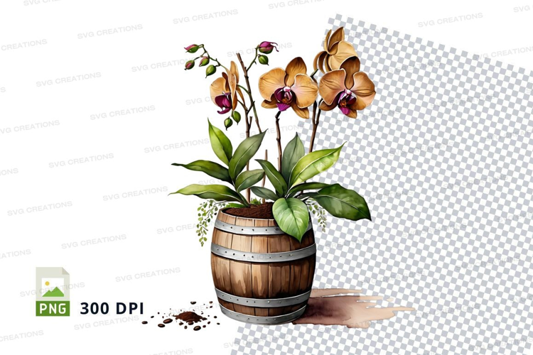 Orchid in wooden barrel mockup