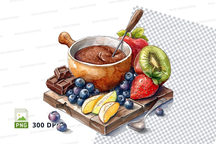 Clipart illustration of chocolate fondue with fruits