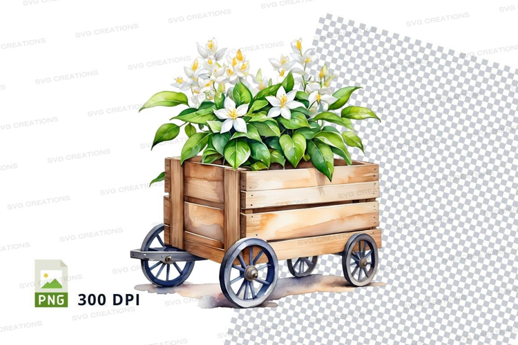 Wooden wagon plant mockup with white flowers
