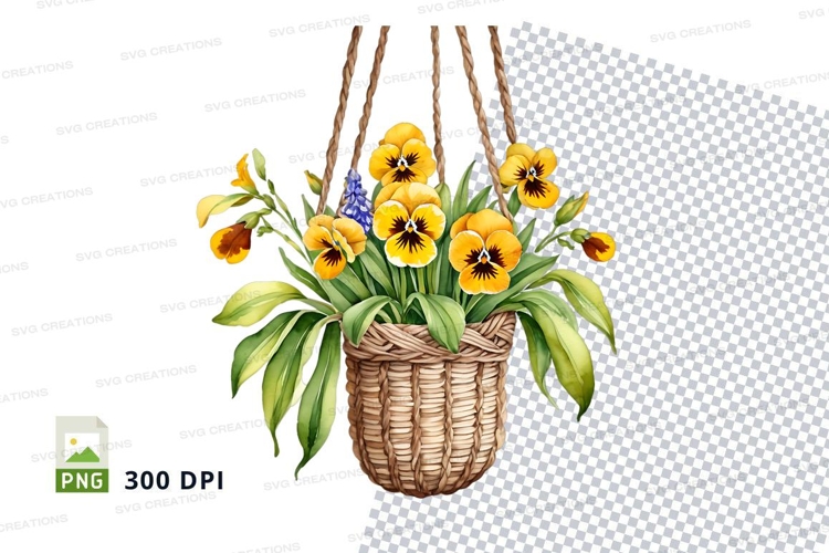 Hanging basket with yellow and purple flowers mockup