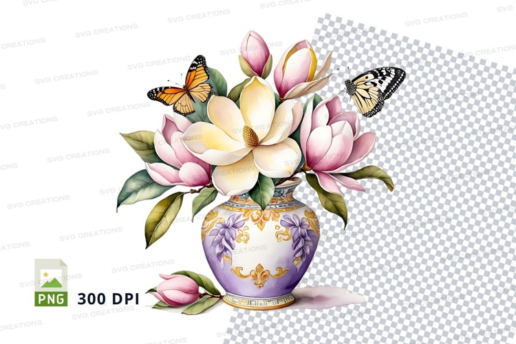 Floral vase with butterflies clipart png