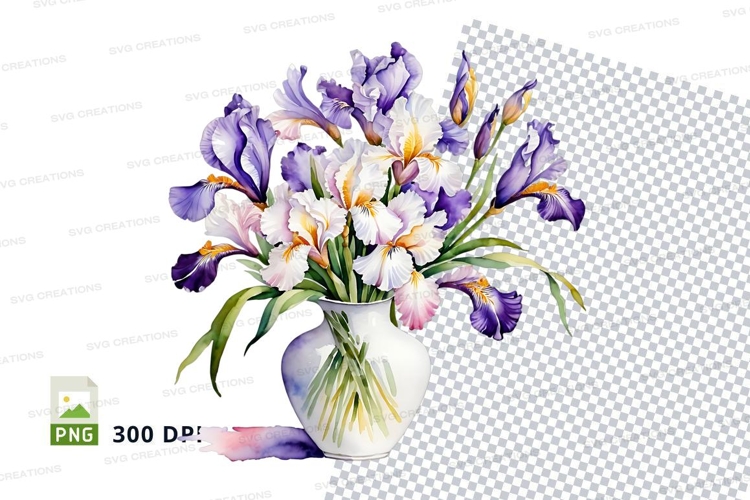 Watercolor iris bouquet in vase clipart png