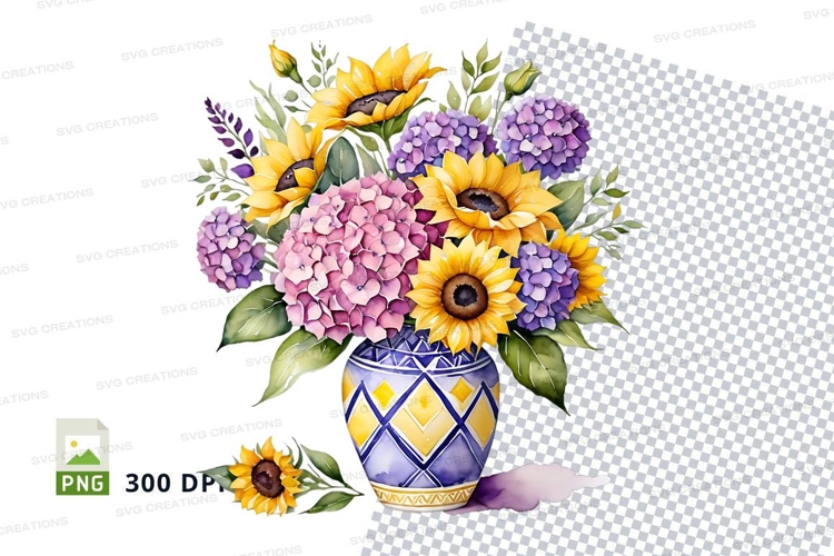 Watercolor bouquet of flowers in vase clipart png