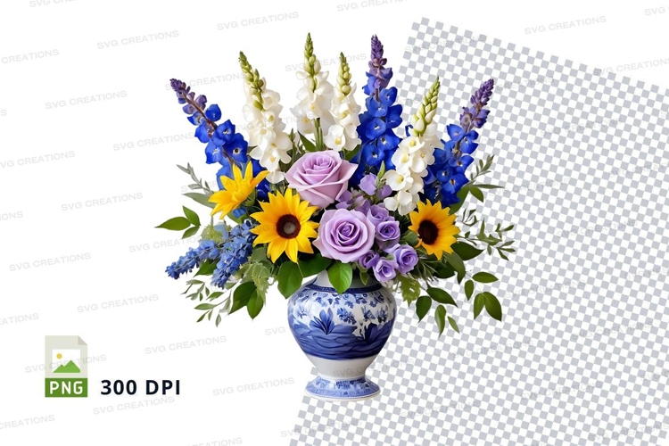 Floral bouquet in blue vase clipart png