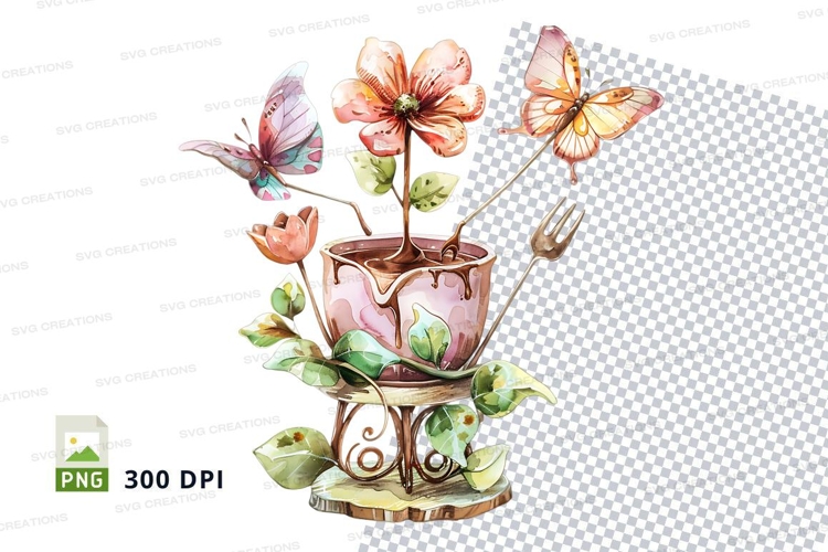 Watercolor flower pot with butterflies clipart png