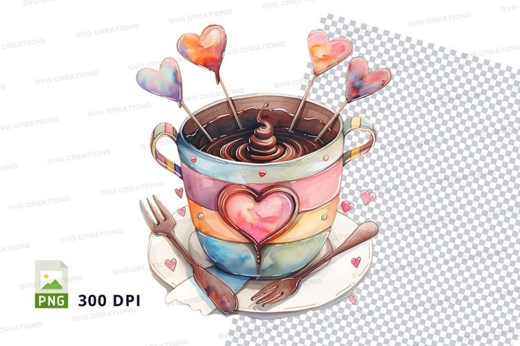 Illustrated chocolate fondue with heart-shaped marshmallows