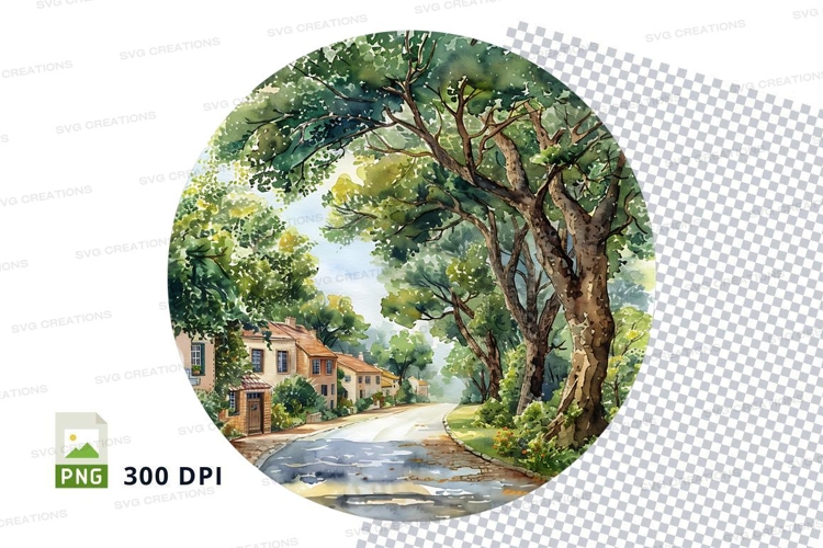 Rustic village street mockup round frame
