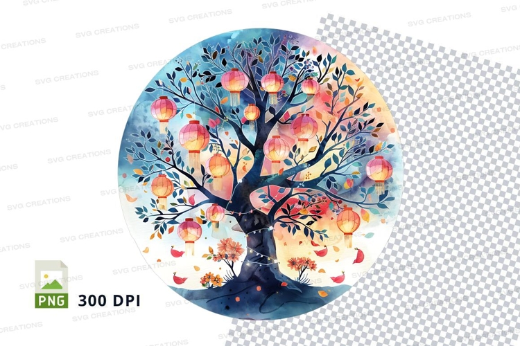 Watercolor tree with lanterns clipart png