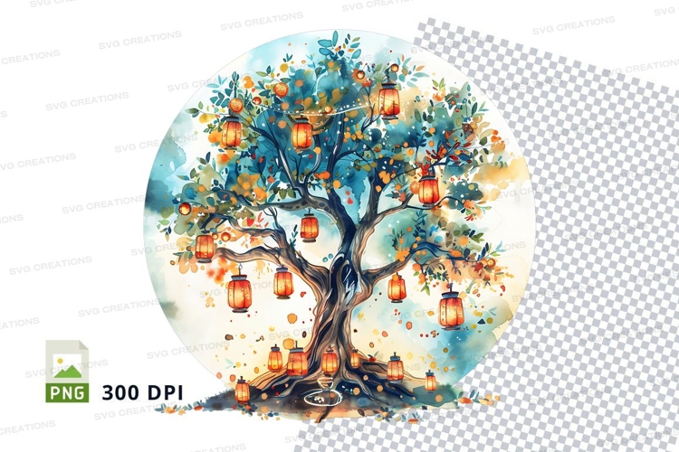 Watercolor tree with hanging lanterns clipart png