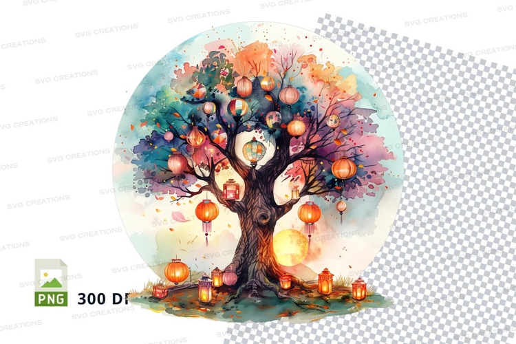 Illustrative tree with lanterns clipart png