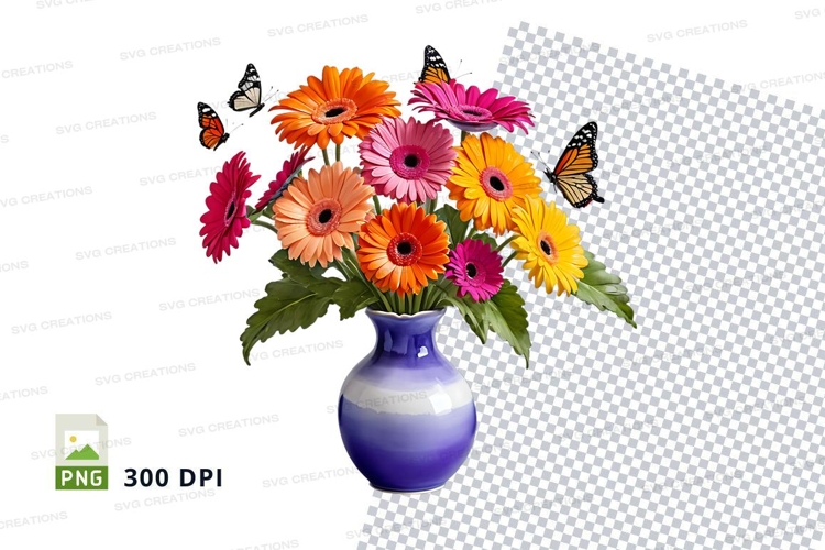 Vase with colorful gerbera daisies and butterflies clipart p