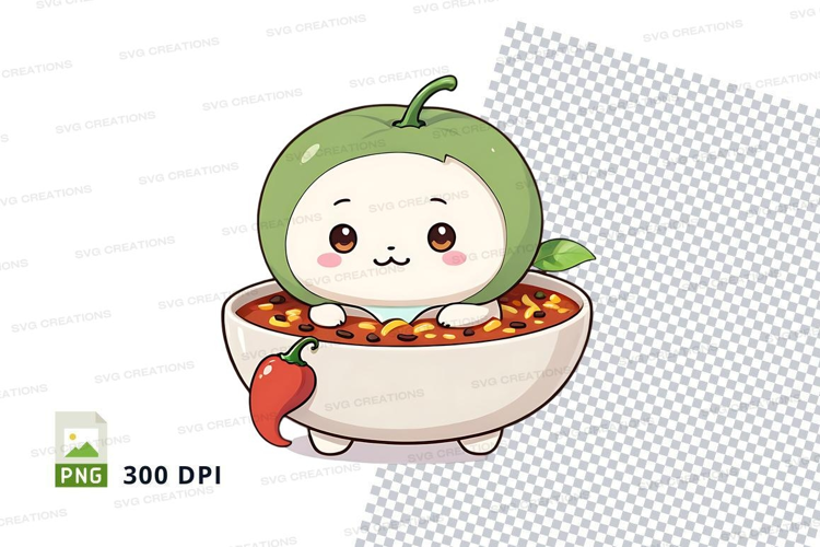 Cute green pepper character holding a bowl of spaghetti