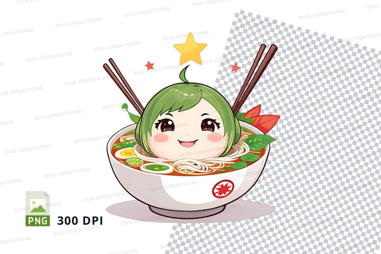 Cute cartoon character in ramen bowl clipart png