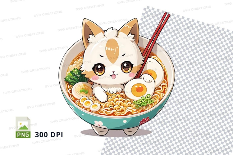Cartoon cat in ramen bowl clipart png