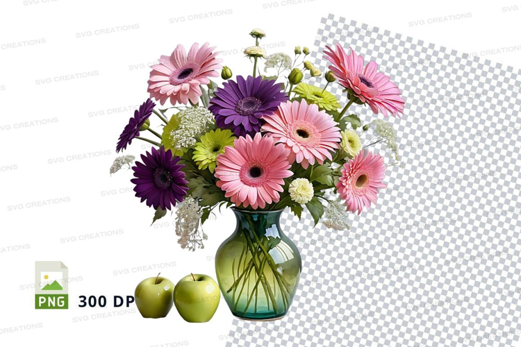 Flower bouquet in vase with apples mockup