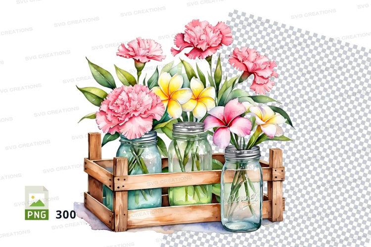 Watercolor floral bouquet in mason jars wooden crate