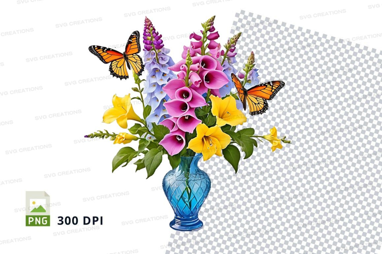 Floral bouquet with butterflies in blue vase