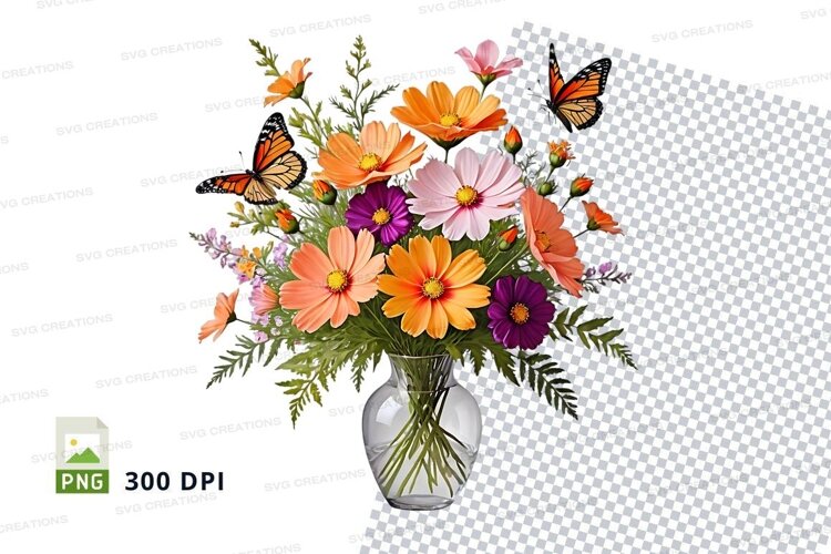 Flower bouquet with butterflies in vase clipart png example image 1