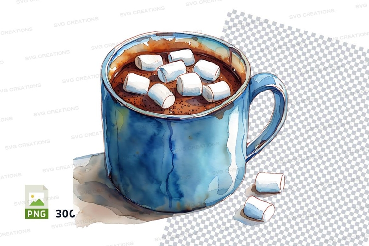 Blue ceramic mug with hot chocolate and marshmallows mockup