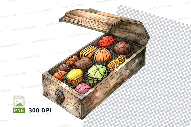 Wooden treasure chest filled with colorful candies mockup