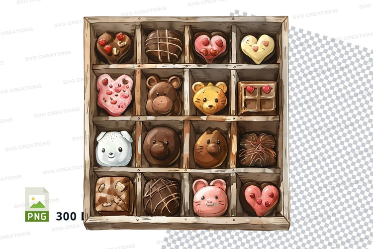 Chocolate box mockup with assorted chocolate shapes