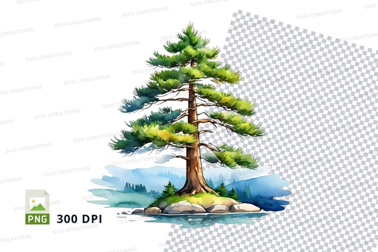 Watercolor pine tree island illustration